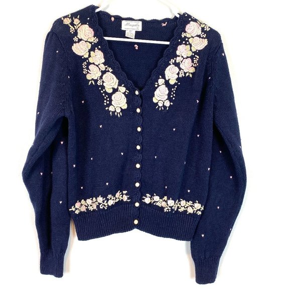 Vintage Margules Knit Sweater Cardigan Floral Embroidered Navy Button Down Small - Picture 1 of 10